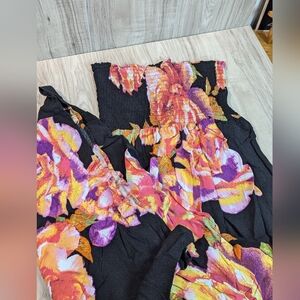 Y2K Women's Bold Black Floral Rayon Tube Top Maxi Dress Size Medium Floor Length